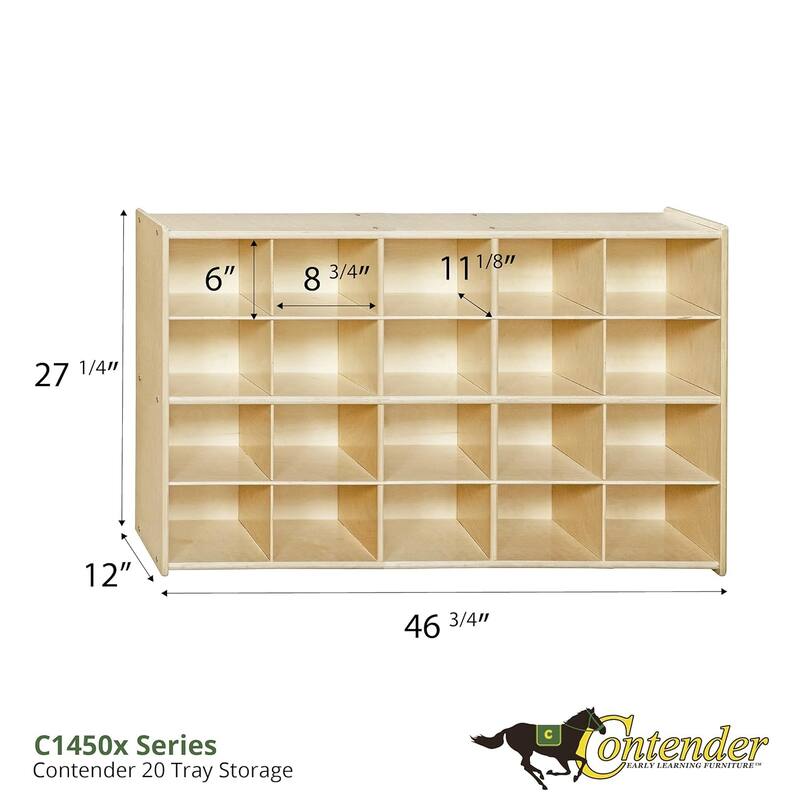 Contender Classroom Storage Shelf with 20 Brown Bins, Kids Toy Storage, Stationary Organizer, Hard Wood Cabinets - 46.75"