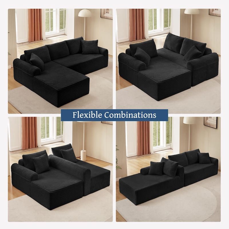 Modular Cloud Sectional Couch with Chaise, Corduroy Upholstered Boneless Sofa, Full-Compression Sofa with 2 Throw Pillows