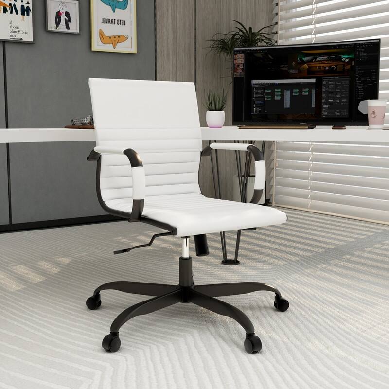 Harris Leather Mid-Back Adjustable Seat Height Office Desk Computer Swivel Chair in Black Metal Frame for Home Conference