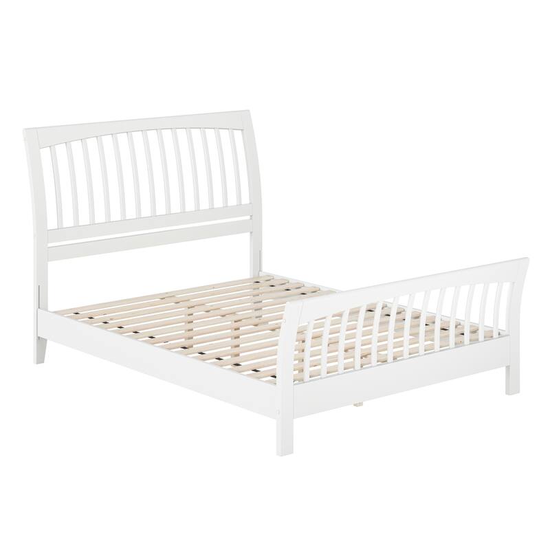 Solid Wood Low Profile Bed - White Platform Bed with Footboard & Sleigh Headboard - Mattress Support
