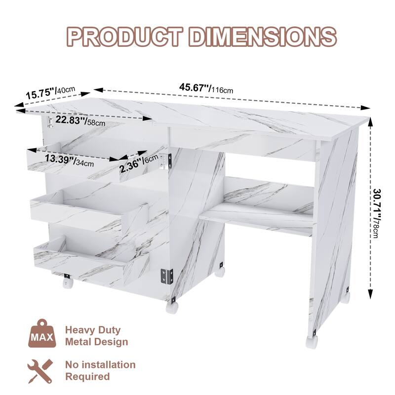 White 4-in-1 Foldable Sewing Table with Storage Shelves and Lockable Wheels Reinforced Steel Hinges