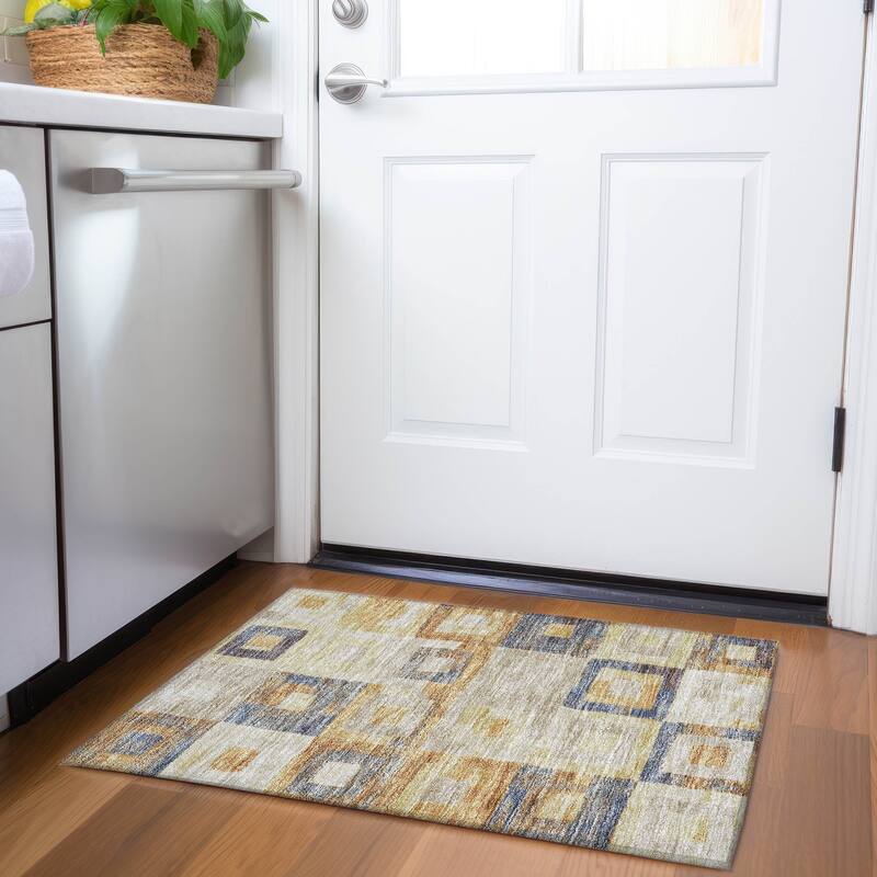 Machine Washable Indoor/ Outdoor Contemporary Blocks Chantille Rug - Linen - 1'8" x 2'6"
