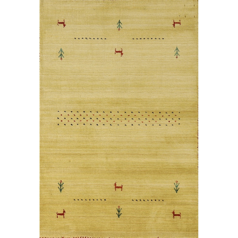 Tribal Gabbeh Area Rug Hand-knotted Green Wool Carpet - 3'2"x 4'11"