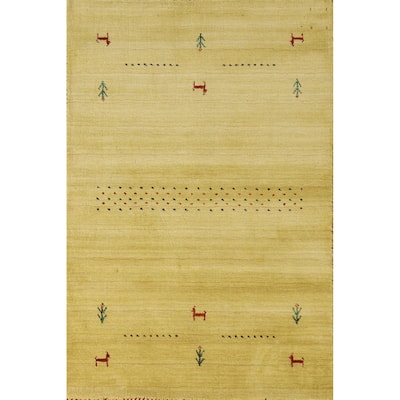 Tribal Gabbeh Area Rug Hand-knotted Green Wool Carpet - 3'2"x 4'11"