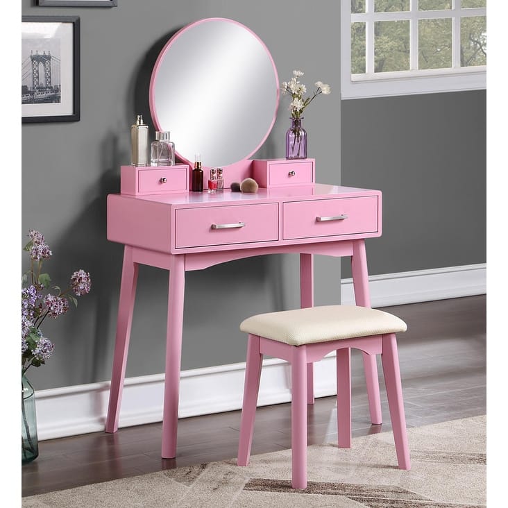 Vanity Dresser with Mirror and Stool Set Storage Drawers Luxury Furniture - Pink