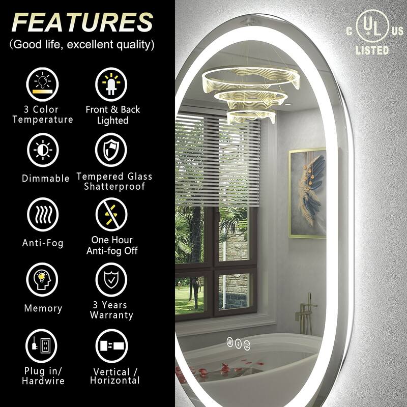 UL Certified Oval LED Lighted Anti-fog Wall Bathroom Vanity Mirror