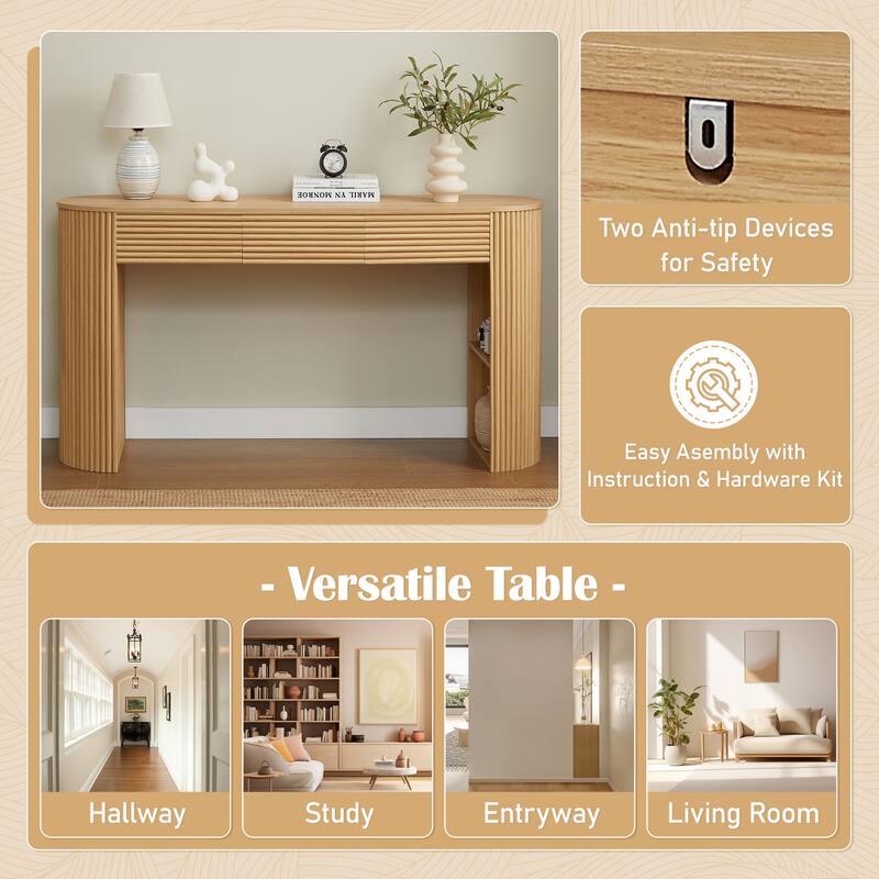 Retro Console Table with Storage, 3 Drawers, 1 Table-Leg Niche, Round Slat Aesthetic, Entryway, Living Room & Hallway