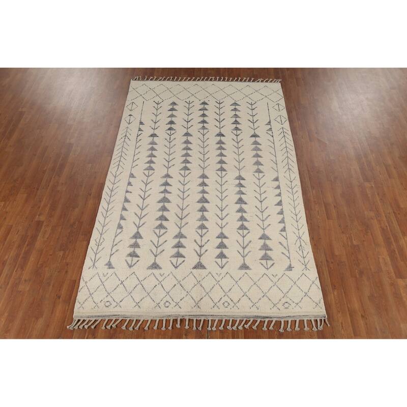 Ivory Moroccan Area Rug Handmade Geometric Wool Carpet - 5'11"x 9'10"