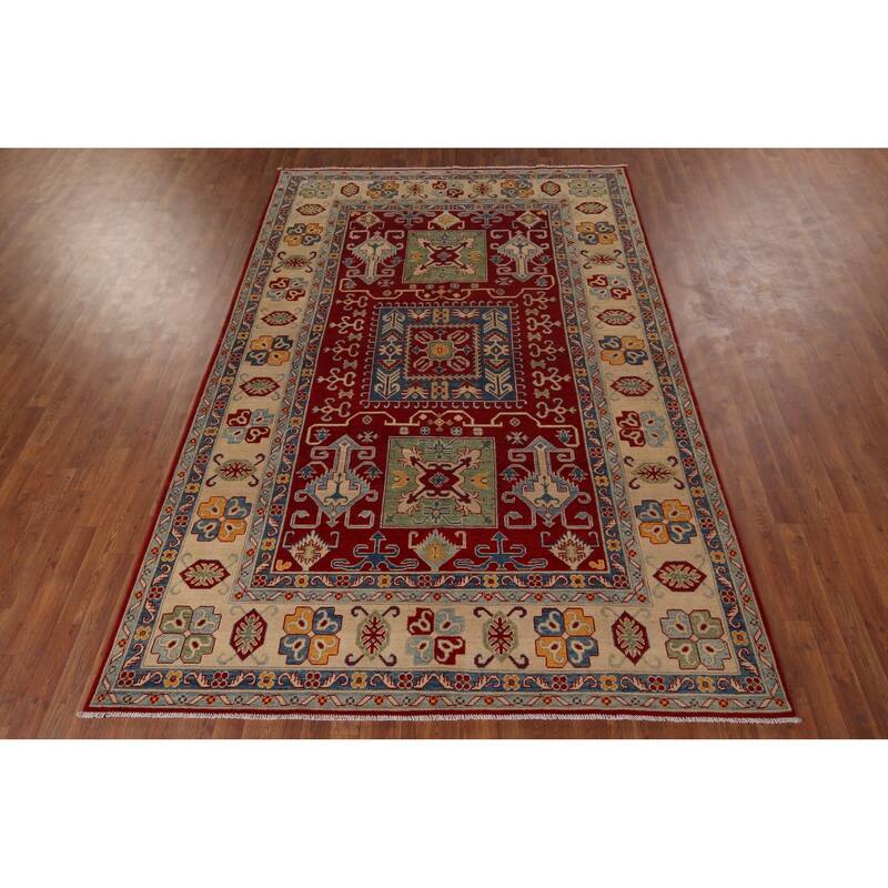 Geometric Red Kazak Area Rug Handmade Oriental Wool Carpet - 6'8" x 9'9"