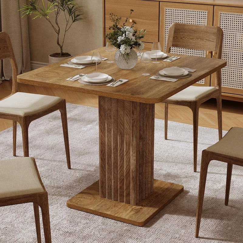 Wood Dining Table for 2-4 People with Fluted Base, Farmhouse Dinner Table for Dining Room