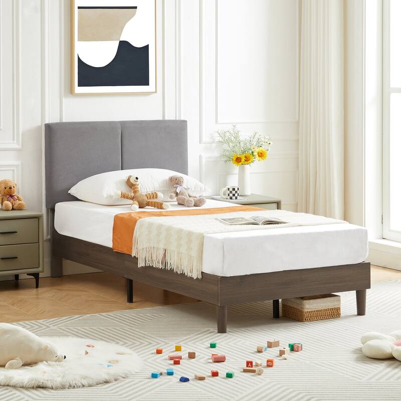 Javlergo Upholstered Bed Frame with Linen Fabric Adjustable Headboard, Strong Wood Slats Supports, No Box Spring Needed