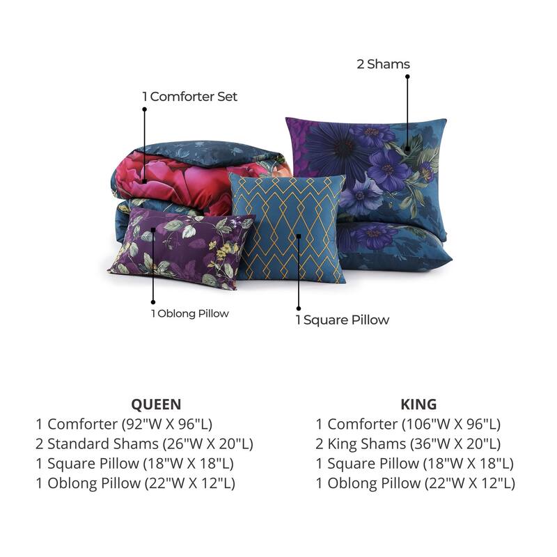 Bebejan Vibrant Flora 100% Cotton Sateen 5 Piece Reversible Comforter Set
