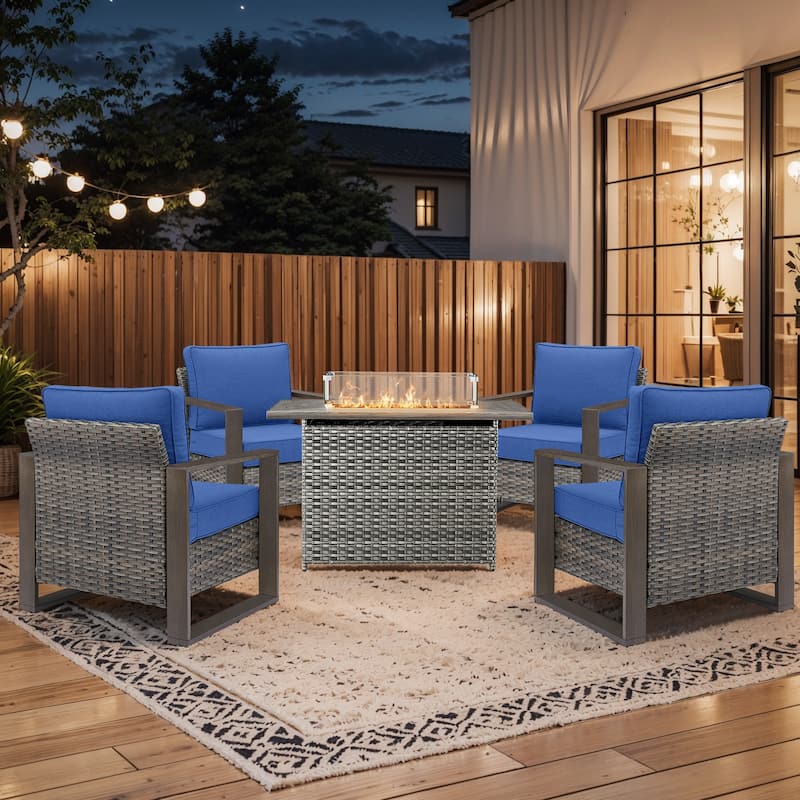 Pocassy Fire Pit Table with Outdoor Sofa Chair Ottoman Set - Grey Wicker Blue Cushion - 5-Piece Patio Chair with Rectangle Fire Table