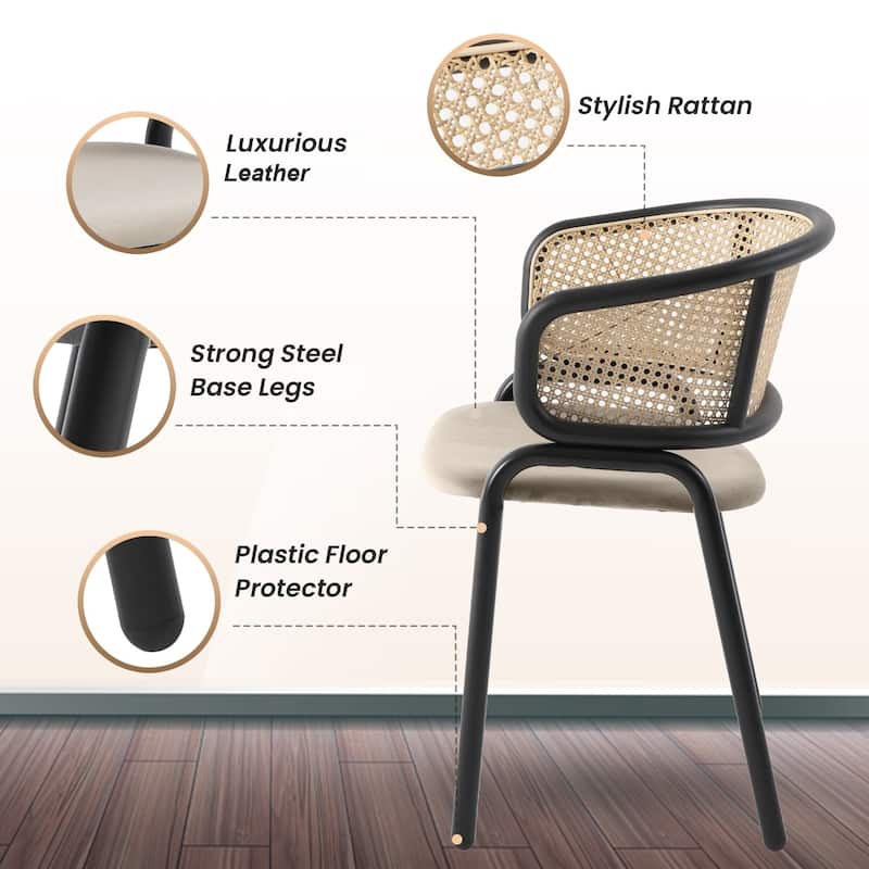 LeisureMod Set of 4 Modern Wicker Back Leather Dining Chairs with Black Steel Frame - Accent Side Armchair for Home Upgrade