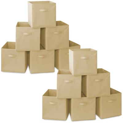Set of 12 Collapsible Fabric Cubes 13in Storage Bins Beige - Sand - 13" x 13" x 13"