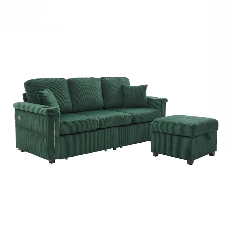 L-Shaped Sectional Sofa with Pull-Out Storage,Ottoman & Pillows 3-Seat with USB Charging,Cup Holder, Convertible Design
