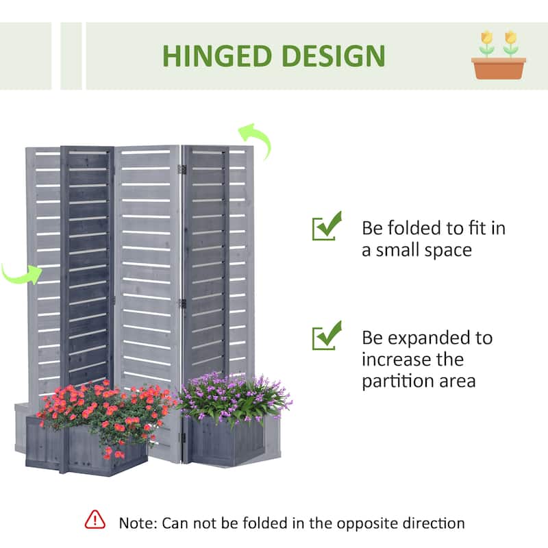 Outsunny Freestanding Outdoor Privacy Screen, 4 Self-Draining Planters / Raised Garden Beds, 3 Hinged Panels