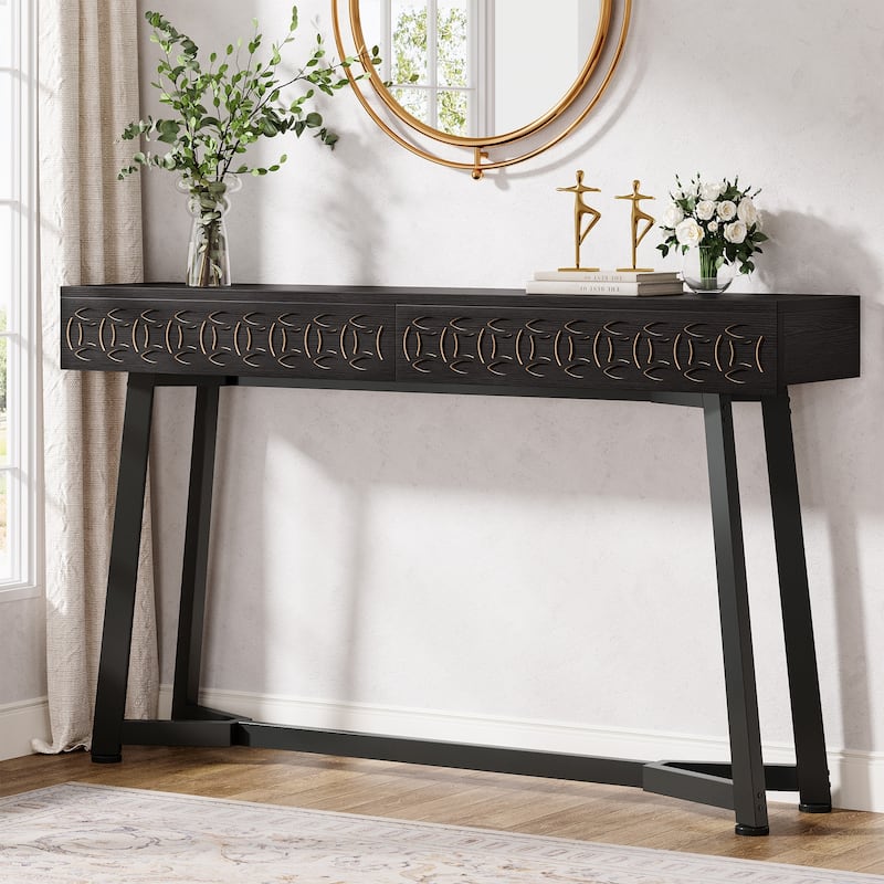 55-Inch Modern Console Table, Black Entryway Table with 2 Drawers - Wood - Black