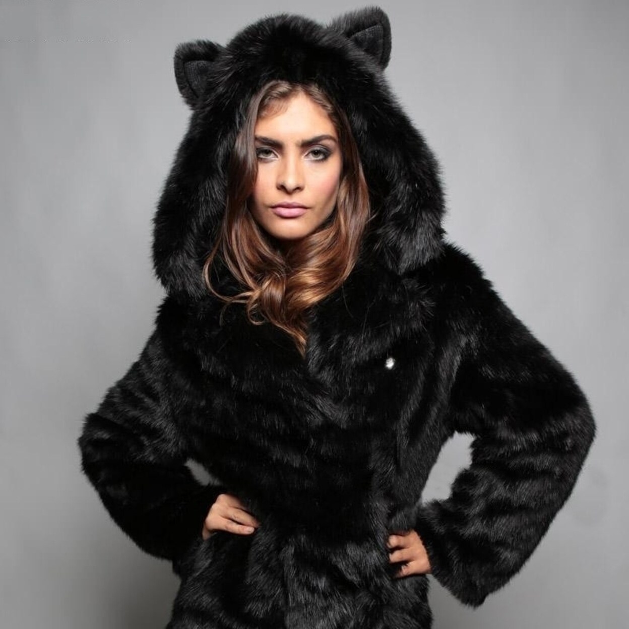 Shop Women S Fur Collar Coat Hooded Ears Cartoon Plush Winter Knit Jacket Lapel Fluffy Long Casual Coat Cotton Overstock 25777362