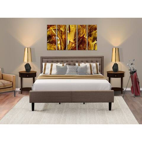 3 Pc Bed Set - Bed Frame with Brown Linen Fabric Padded - Button Tufted Headboard - 2 Wooden Nightstand (Bed Size Options)