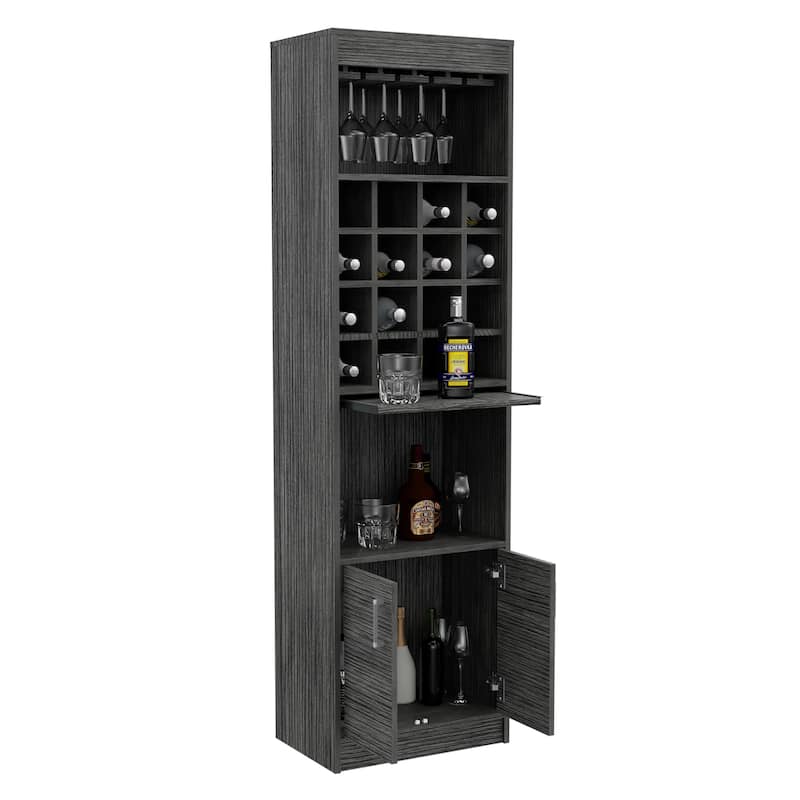 TUHOME Kava Bar Cabinet with 16 Wine Cubbies, 12 Glass Racks, 1 Shelf, Concealable Serving Tray, and Double Door - N/A