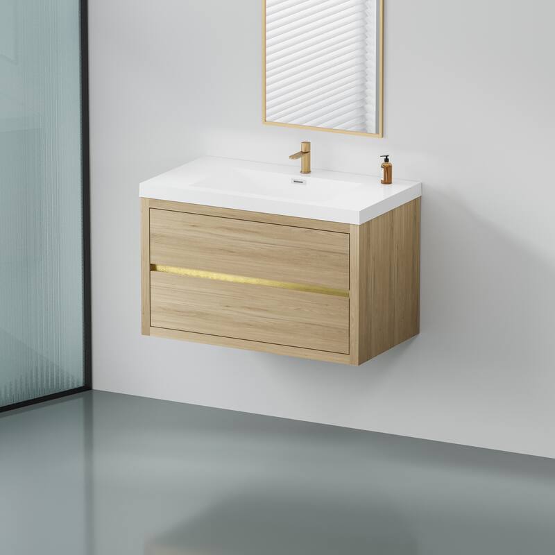 36" Floating Bathroom Vanity with Stone Resin Countertop, Soft Close Drawers, and U-Shaped Drain Design