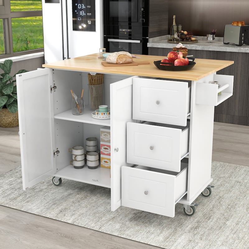 Kitchen Island Cart with Solid Wood Top, Drop Leaf Breakfast Bar, Mobile Kitchen Cart on Wheels with Towel Rack & Drawer