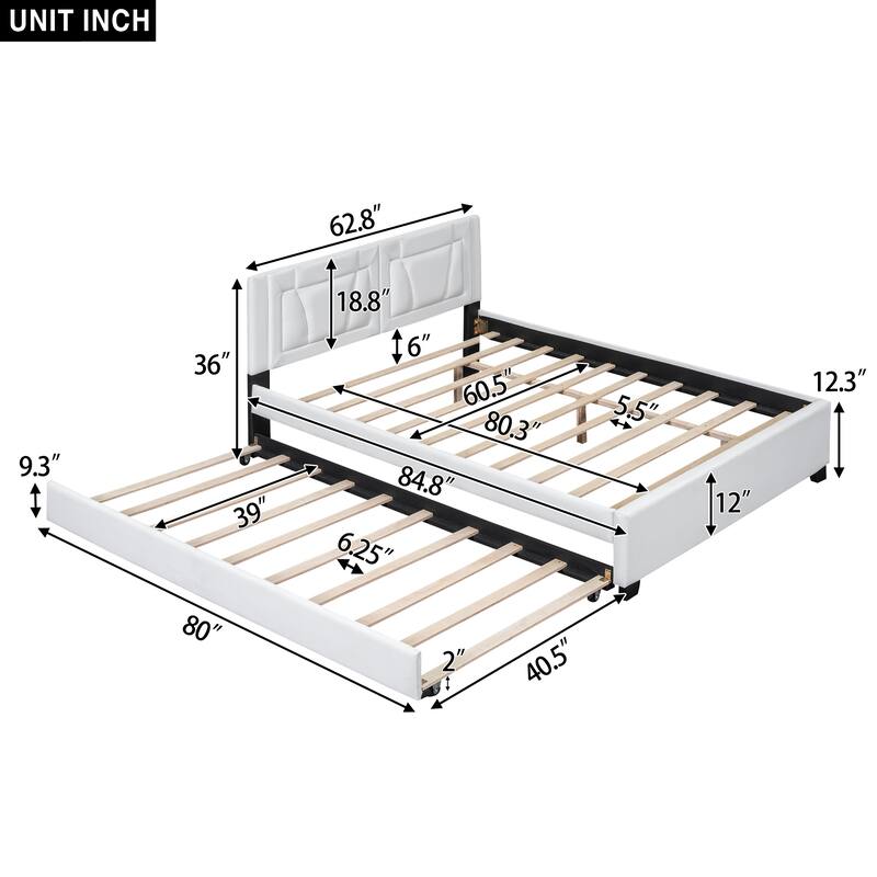 White Queen Size Upholstered Platform Bed with Headboard and Twin Size Trundle