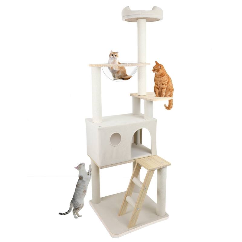 Wood Cat Tree With Large Condo Wood Ladder And Transparent Spacecraft 165cm - White