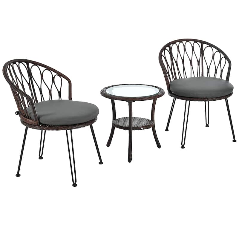 Outdoor Leisure Set, 2 Rattan Single Chairs with 1 Glass Round Table