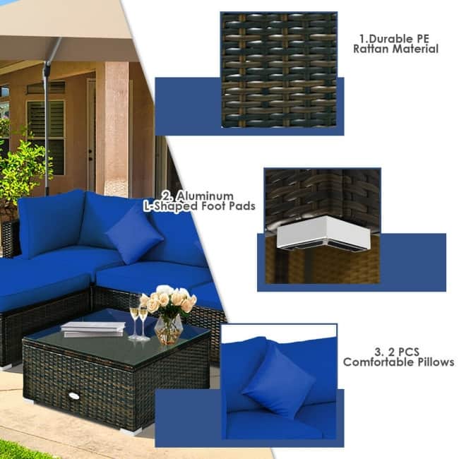 5 Pcs Outdoor Patio Rattan Furniture Set Sectional Conversation with Cushions - 29.5'' x 29.5'' x 25.5'' (L x W xH)