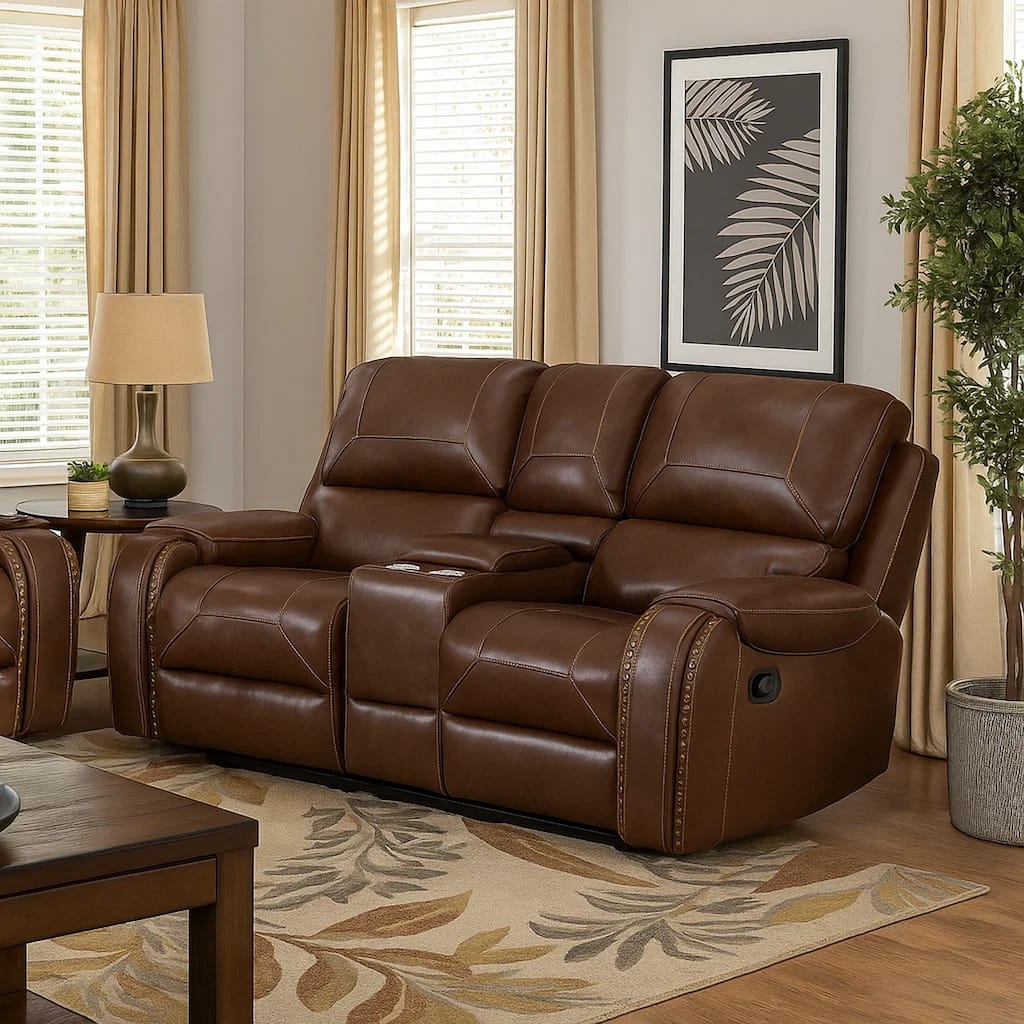 Dean 76 Inch Dual Manual Recliner Loveseat, Cupholders, Brown Faux Leather