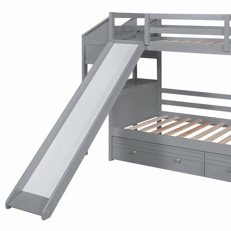 Twin over Twin Bunk Bed with Storage Staircase, Slide, Drawers, Desk, and Shelves