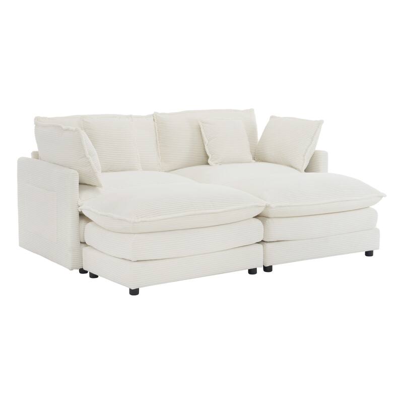 Corduroy Loveseat Set with Movable Ottoman 4 Seater Corner Sofa, Upholstered Deep-seat Couch wCushions and 4 Pillows
