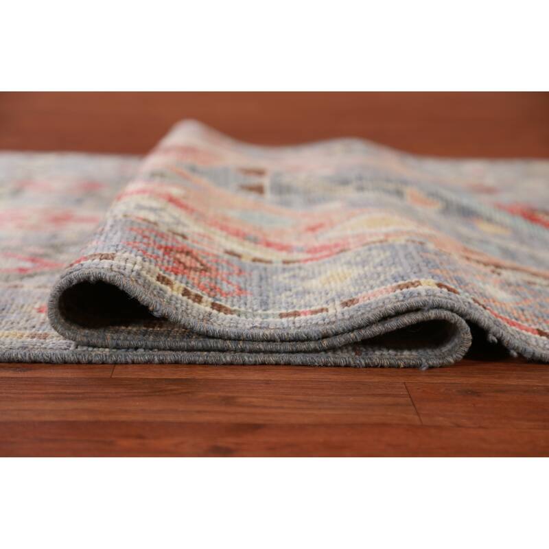 Hand Knotted Oriental 100% Wool Carpet Transitional Geometric Navy Blue & Blues Oushak Runner Rug - 12' 0'' X 3' 2''