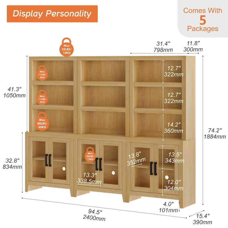 WAMPAT 3 Tier Bookshelf with Glass Door, 74" Tall Bookcase with Adjustable Shelf and Storage Cabinet, Farmhouse Wooden Bookshelf