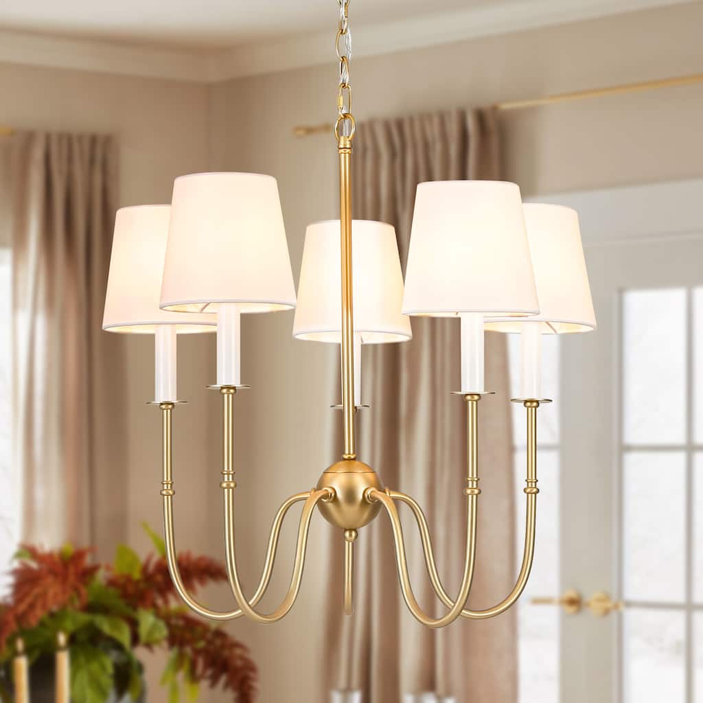 5-Light Vintage Luxury TC Fabric Shade Gold Metal Chandelier for Dining Room - 23.6 in. W x 23.6 in. D x 23.6 in. H
