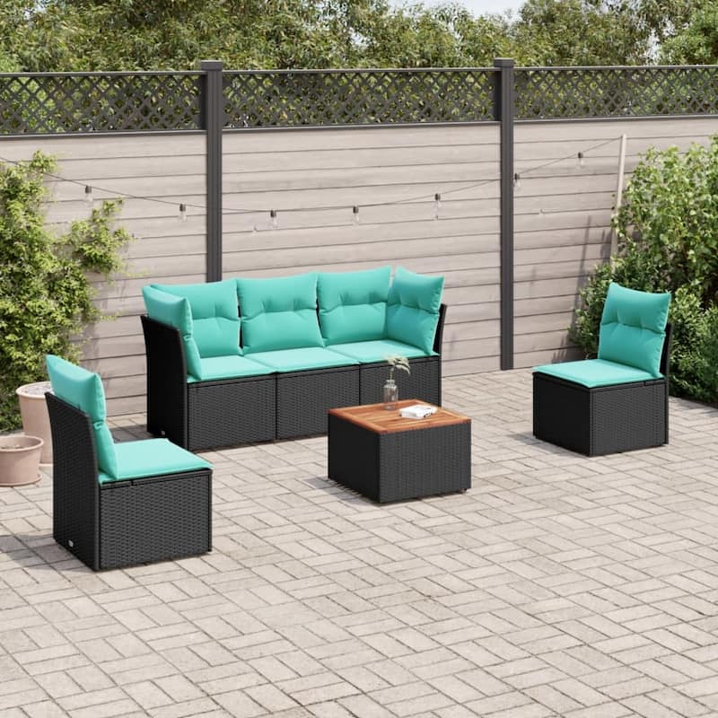 vidaXL 6 Piece Patio Sofa Set with Cushions Black Poly Rattan - 92.1x27.2x24.4