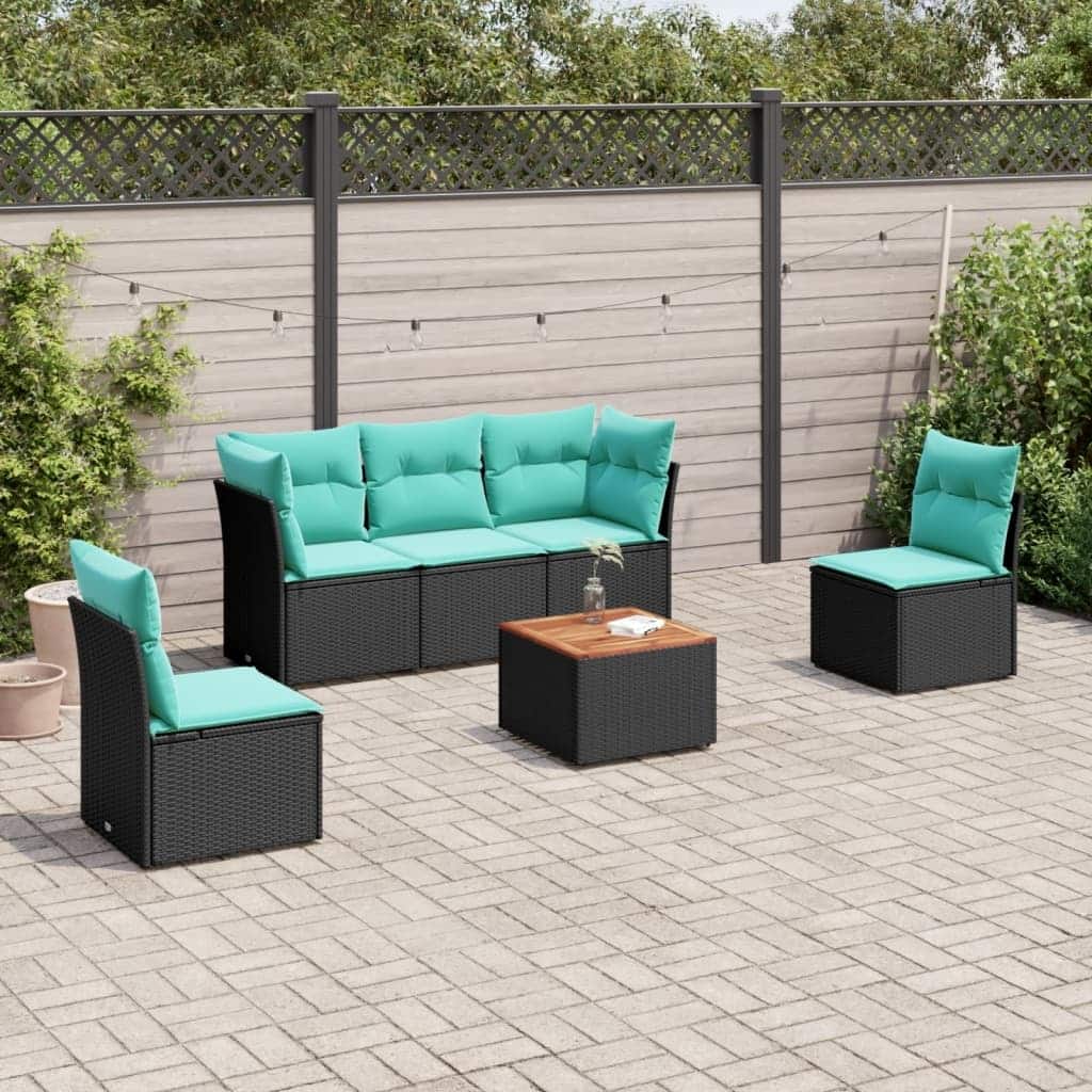 vidaXL 6 Piece Patio Sofa Set with Cushions Black Poly Rattan - 92.1x27.2x24.4