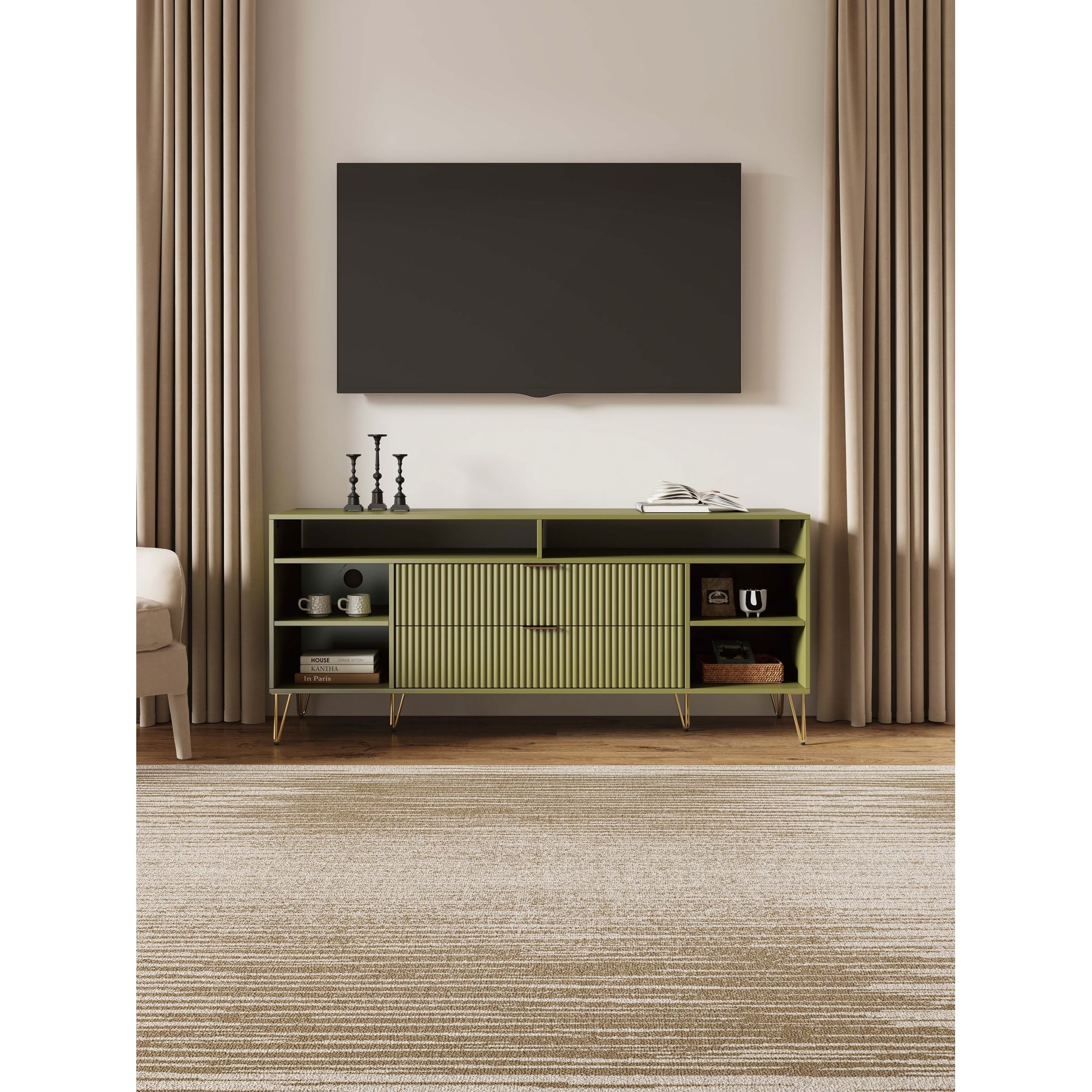 Mid-Century Modern TV Stand with 2 Drawers, 6 Shelves, and Media Holes for Living Room Use