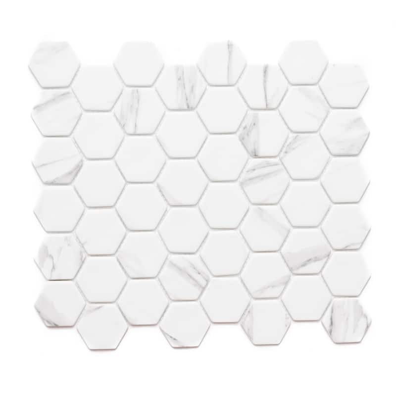 The Tile Life Recycled 1.88x1.88 Carrara Hexagon Glass Mosaic Backsplash Wall Tile
