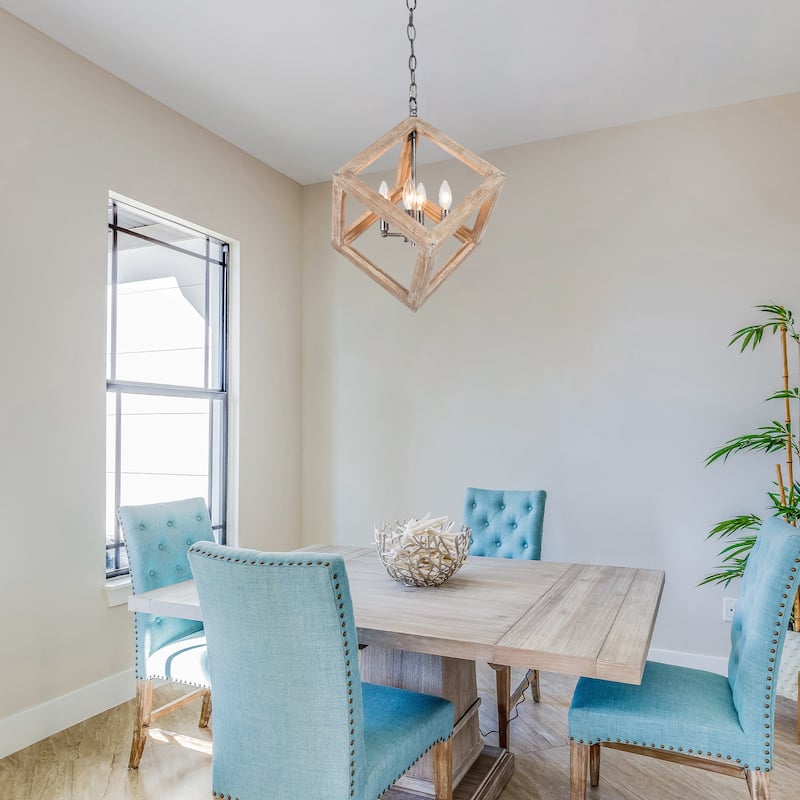 Farmhouse 4-light Solid Wood Chandelier Rustic Dining Room Barn Geometrical Ceiling Lights - 15.5 in