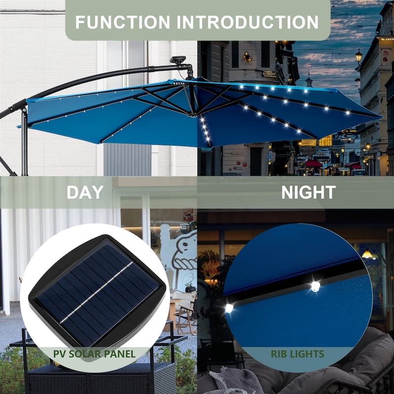 HOMEFUN 10ft Solar LED Offset Hanging Market Patio Umbrella