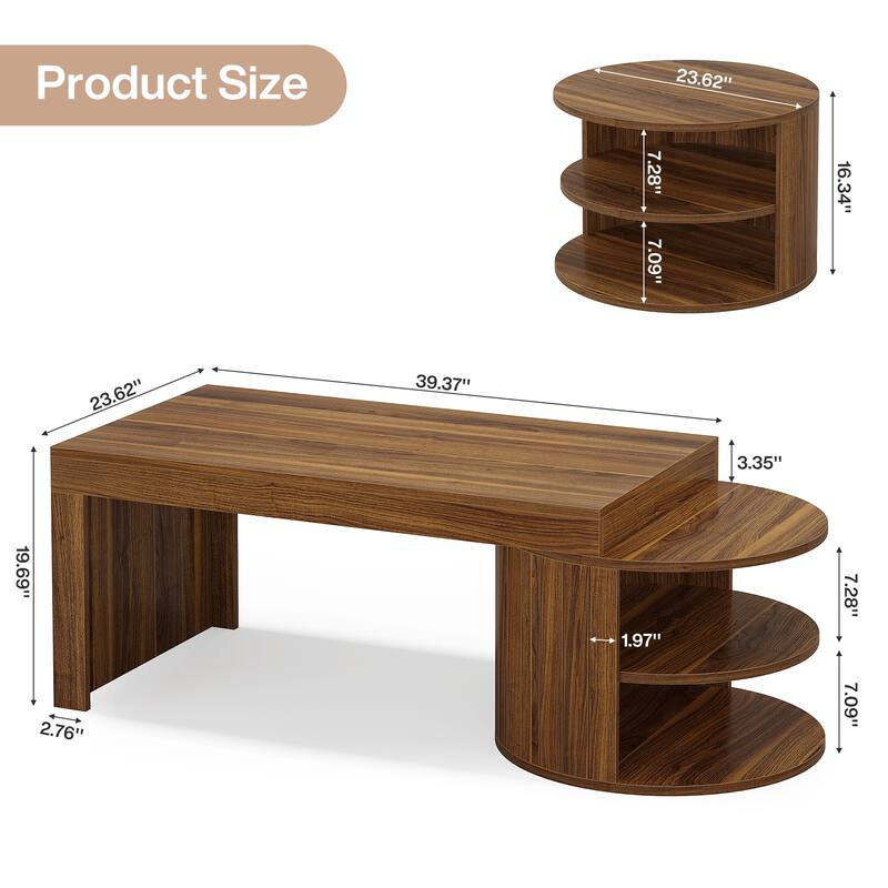 39 Inches Rustic Coffee Table with Storage Shelves - 39.3" L x 23.6" W x 19.69" H