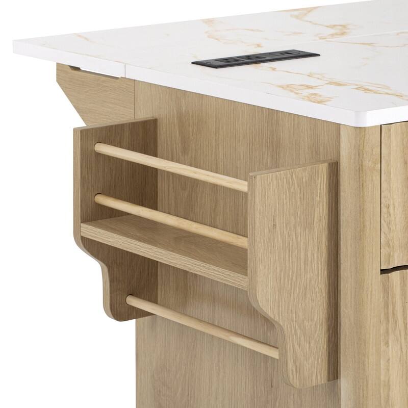 Fluted 55.5" Kitchen Island with Drop Leaf, Rolling Island Table with Drawers, Power Outlet for Functional Kitchen Organization