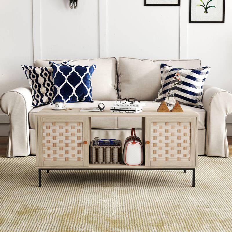 Modern Woven Coffee Table Wooden Center Rectangular Table with 4 Sliding Door Storage Cabinets, for Living Room