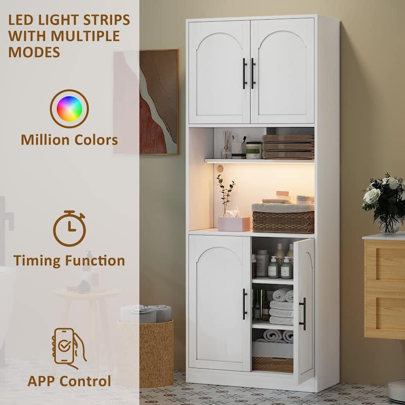 71" Tall Kitchen Pantry Storage Cabinet with Microwave Shelf and LED Light, Hutch Cabinet with Doors and Adjustable Shelves