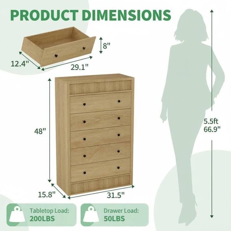 Modern 5 Drawer Dresser, Fluted Storage Cabinet for Bedroom