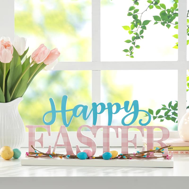 Glitzhome Wooden EASTER HOP Happy Easter with Artificial Rattan Table Sign Decor Centerpiece