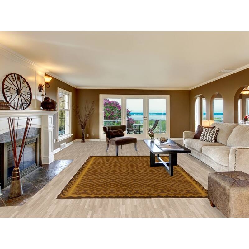 Hand Woven Oriental 100% Wool Carpet Southwestern Geometric Yellow & Gold Kilim Area Rug - 9' 10'' X 6' 10''